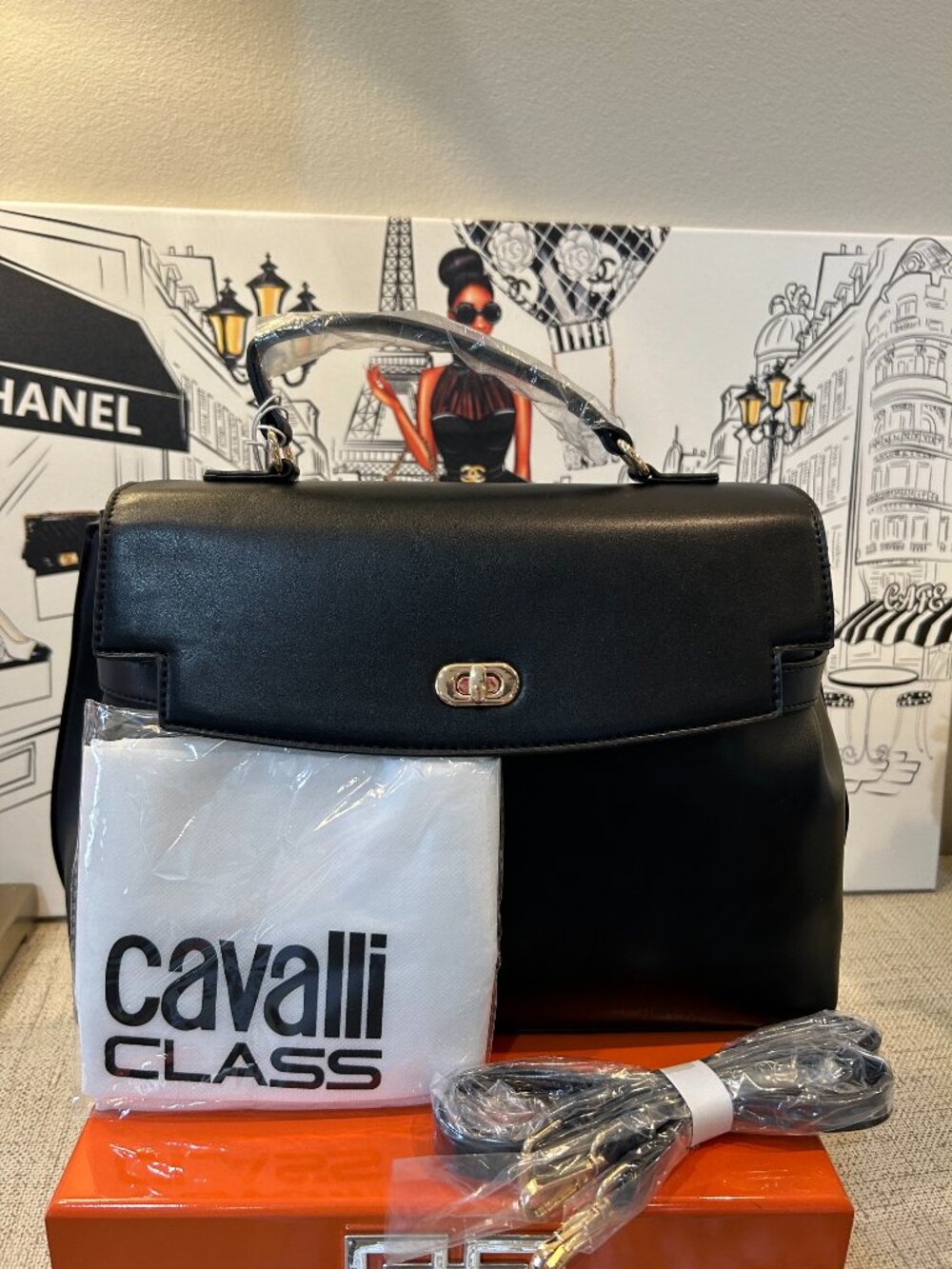 Cavalli Class Black Faux Leather Handbag